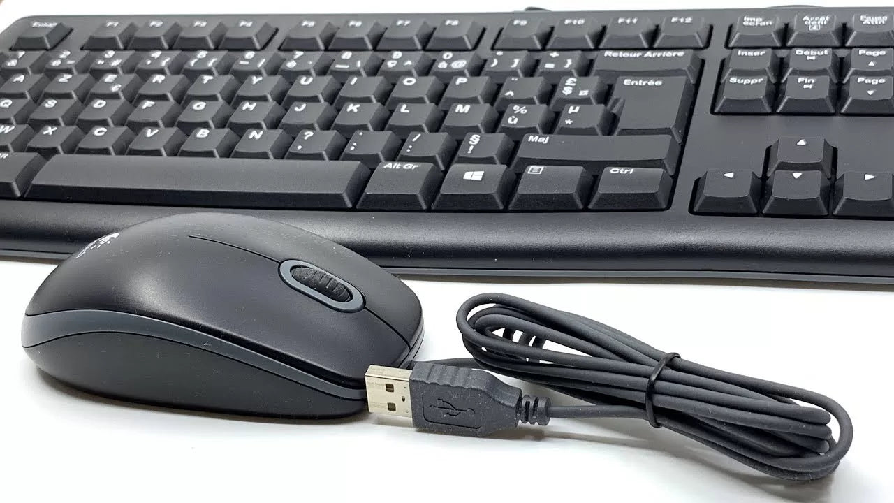 Logitech MK120 USB Wired Keyboard and Mouse Combo, black color, with integrated number pad and optical scroll wheel.